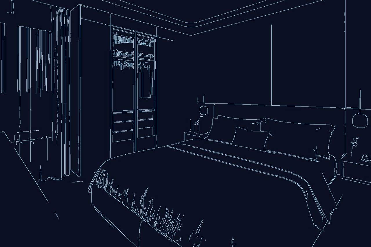 Line drawing of a bedroom layout
