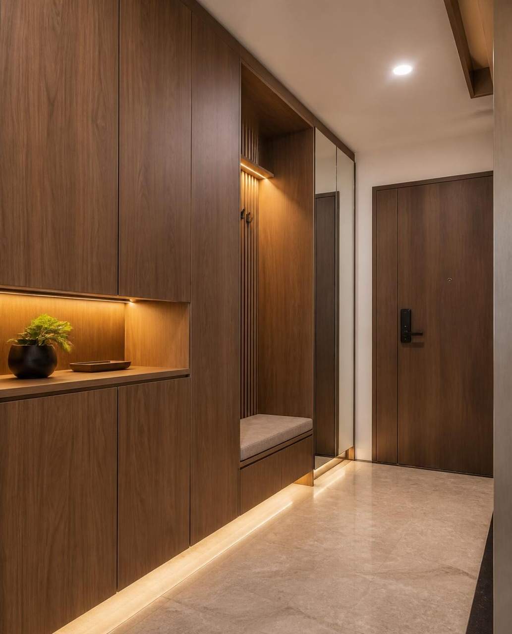 Walnut shoe cabinet with bench and niche at the entrance