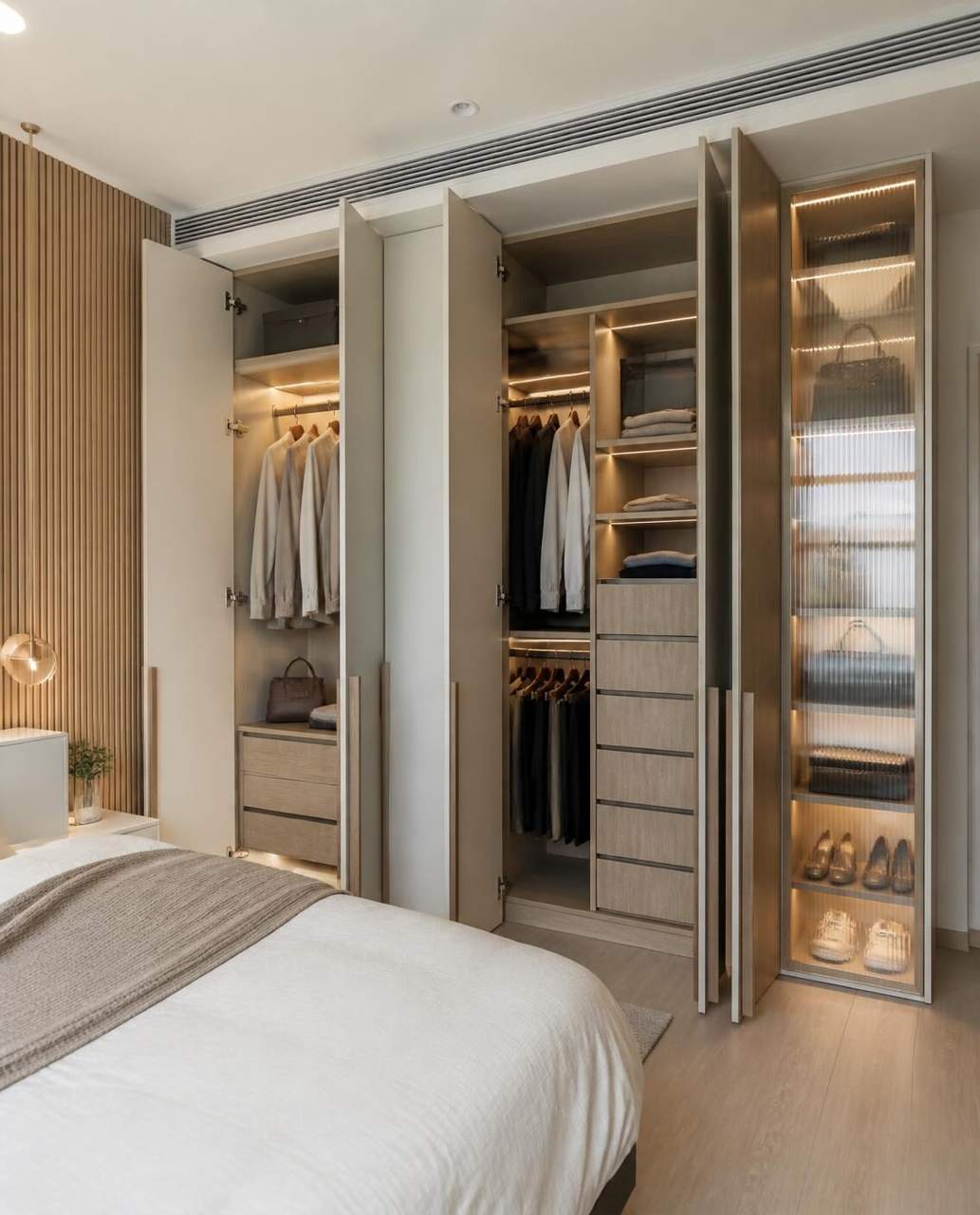 Full-height wardrobe system with internal LED and drawers