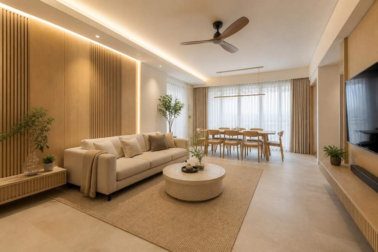Japandi living and dining 3D render