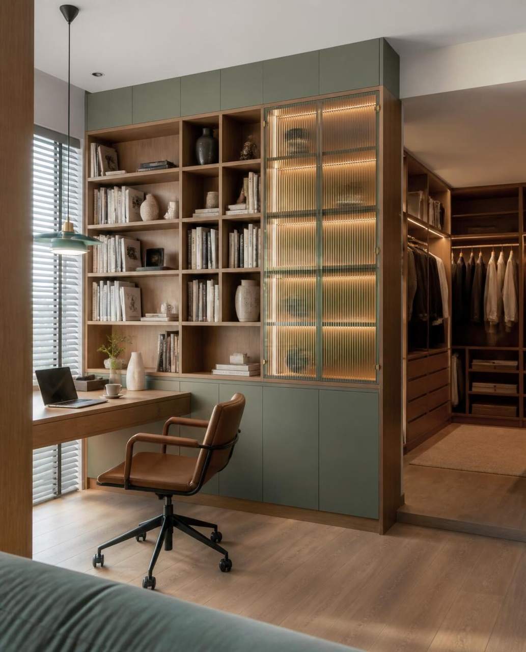 Oak study shelving with sage green cabinets