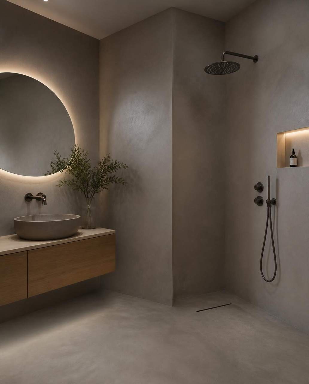 Seamless microclay bathroom floor and walls